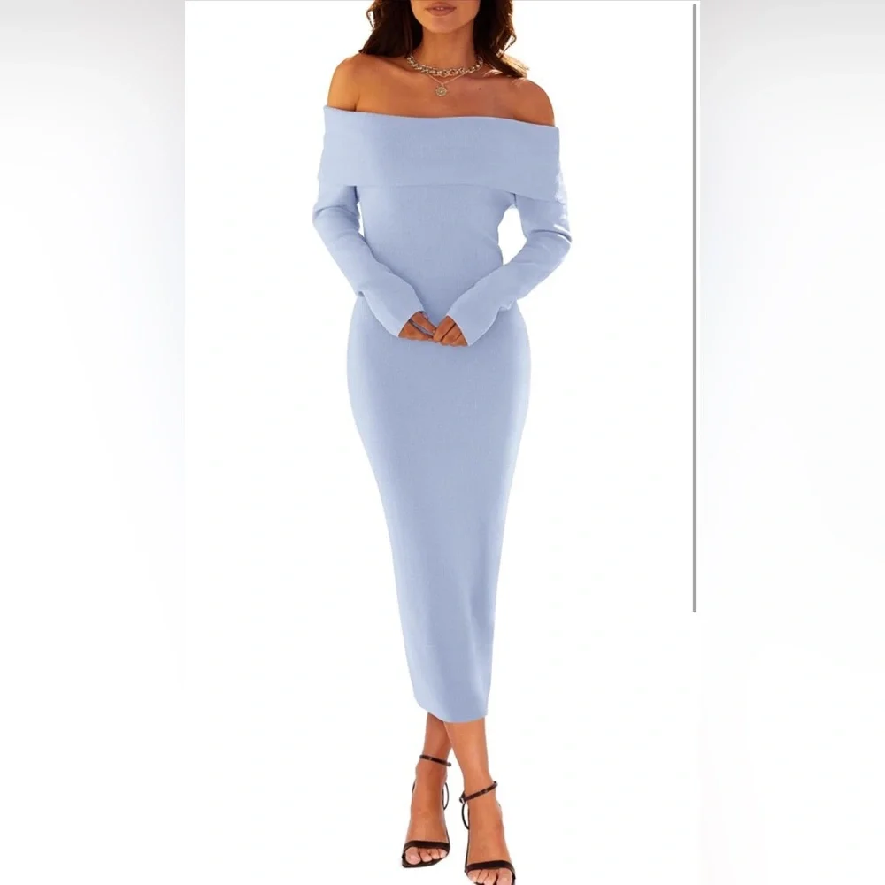 MEROKEETY Shoulder Bodycon Sweater Dress Formal Long Sleeve Elegant Midi Dresses - Picture 3 of 5
